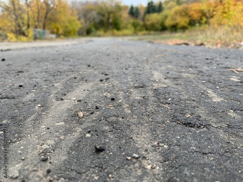 fresh asphalt close up against the background of autumn, yellow trees