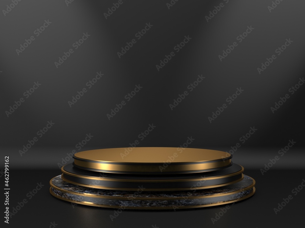 Black stand podium on dark background. Realistic dark platform Black stand podium on dark background. Realistic dark platform