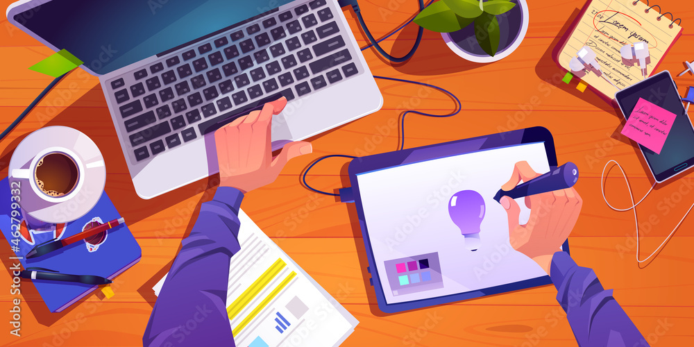Illustrator or designer working process at workplace top view, male hands painting on digital tablet and laptop, develop creative project, graphic design artist profession, Cartoon vector illustration - obrazy, fototapety, plakaty 
