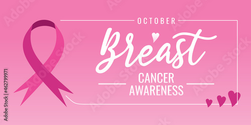 Breast cancer awareness month poster. Pink ribbon banner for feminine community.