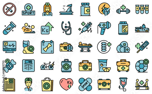 Sports doctor icons set outline vector. Injury therapy. Physical doctor