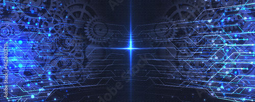 A blue banner of old technology and new using computer circuits and old machine cogs