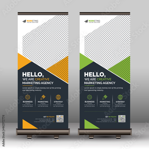Yellow and Green Corporate Roll Up Banner Signage Standee Template with Black Background for Advertising Business and Multipurpose Use