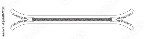 Vector black line open two-way zipper. Isolated on white background