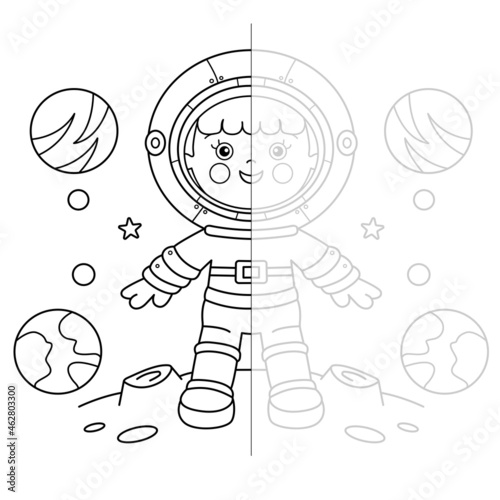Draw symmetrically. Coloring Page Outline Of cartoon astronaut in space. Little spaceman or cosmonaut. Coloring Book for kids.