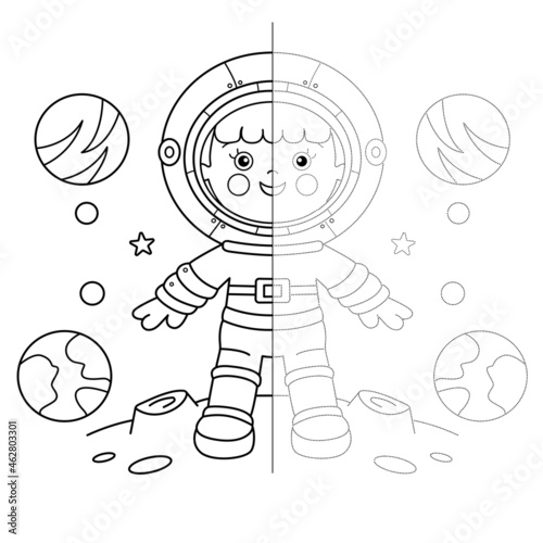 Draw symmetrically. Connect the dots picture. Tracing worksheet. Coloring Page Outline Of cartoon astronaut in space. Coloring Book for kids.