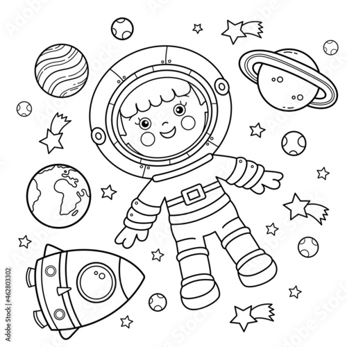 Coloring Page Outline Of a cartoon astronaut with rocket in space. Little spaceman or cosmonaut. Coloring book for kids.