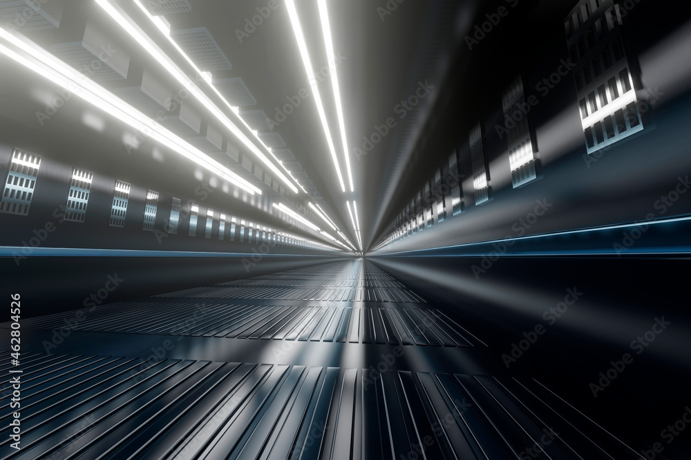 Three dimensional render of brightly lit corridor of industrial facility Three dimensional render of brightly lit corridor of industrial facility