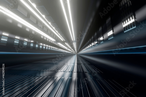 Three dimensional render of brightly lit corridor of industrial facility