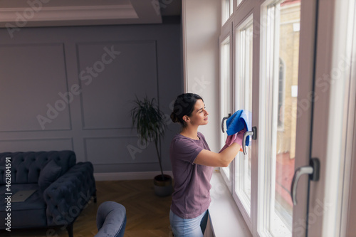 Smiling woman cleaning class on windows at home.