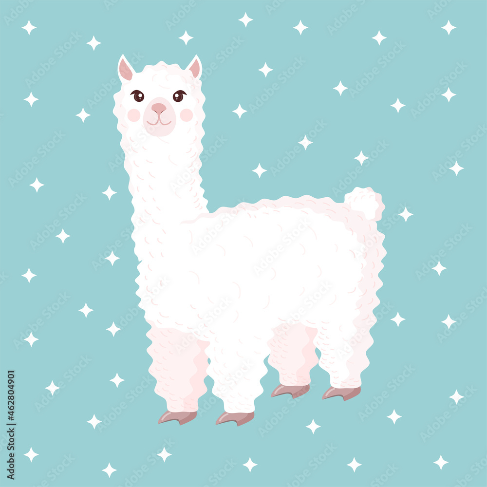 Fototapeta premium Cute llama or alpaca on a blue background with stars. Vector illustration for baby texture, textile, fabric, poster, greeting card, decor.