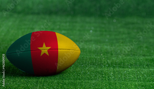 American football ball  with Cameroon flag on green grass background  close up