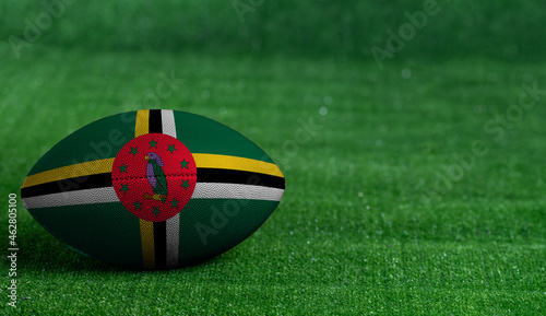 American football ball  with Dominica flag on green grass background  close up