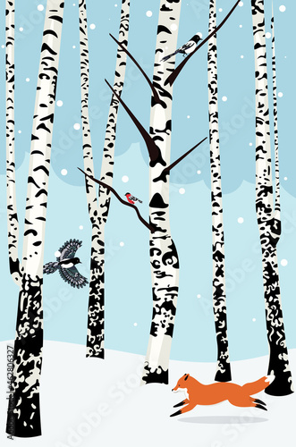 Winter birch trees and animals