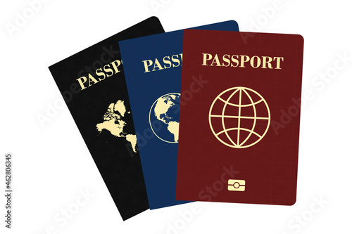 International biometric black blue and red passport isolated on white background