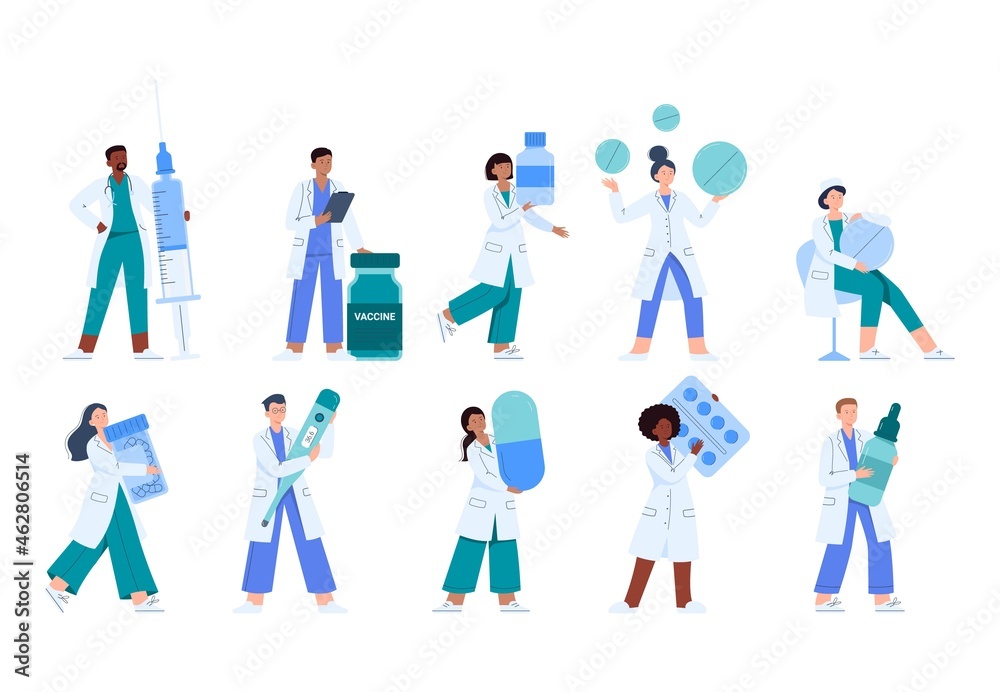 Set of cartoon doctors with medicines. Female and male doctors hold a syringe, pills, vaccine, thermometer, mixture. Vector flat illustrations isolated on white background.