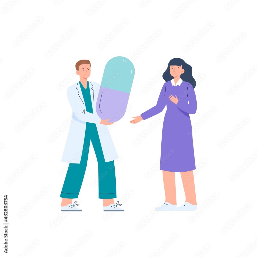 A doctor prescribes drugs to a woman. Medication treatment, pharmacy, and medicine concept. Vector flat illustration isolated on white background.
