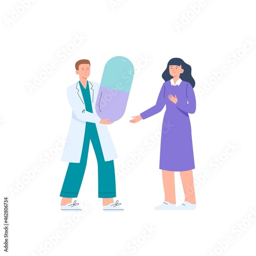 A doctor prescribes drugs to a woman. Medication treatment, pharmacy, and medicine concept. Vector flat illustration isolated on white background.