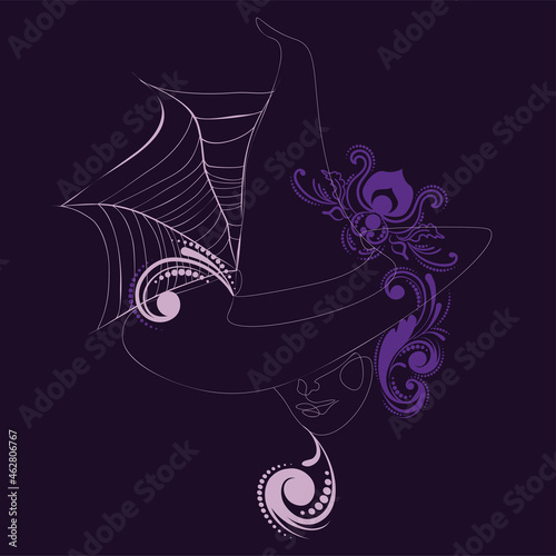 Witch hat and face with floral line art