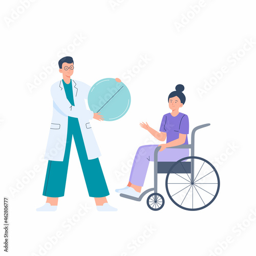 A doctor prescribes drugs to a woman in a wheelchair. Medication treatment, pharmacy, and medicine concept. Vector flat illustration isolated on white background.