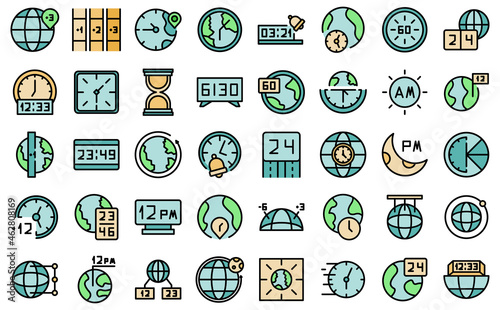 Time zones icons set outline vector. Clock hour. Calendar earth