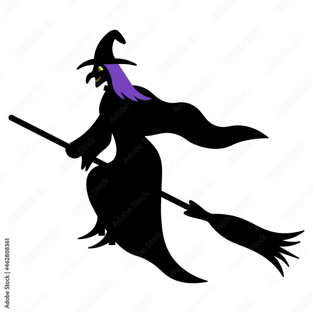 The witch flies astride a broomstick. Silhouette. Vector illustration. Isolated white background. A woman in a hat with a long, humped nose. Charming Baba Yaga. Smiling witch. Halloween symbol. The witch flies astride a broomstick. Silhouette. Vector illustration. Isolated white background. A woman in a hat with a long, humped nose. Charming Baba Yaga. Smiling witch. Halloween symbol.