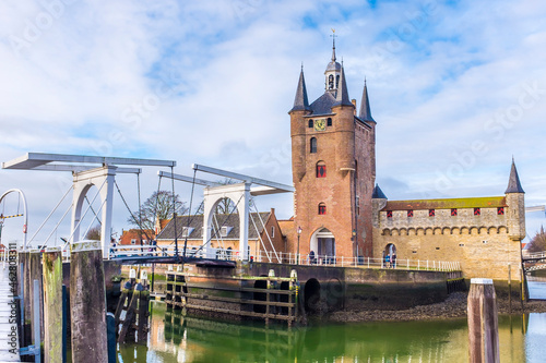Netherlands, Zeeland, Schouwen-Duiveland, Zierikzee, Zuidhavenpoort, Oude Haven, city gate and bridge photo