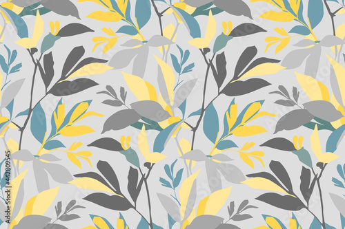 Vector floral seamless pattern. Pastel branches with leaves isolated on a light grey background.
