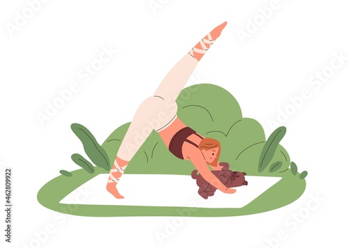 Woman practicing yoga exercises with cute dog outdoors. Happy flexible person during body stretching workout with pet, training on mat in nature. Flat vector illustration isolated on white background