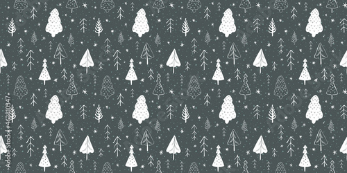 Seamless pattern with trees and snowflakes. Winter and christmas mood, scandinavian minimalism, hand drawn doodle style for web, print, textile, background, wrapping paper, wallpaper. 