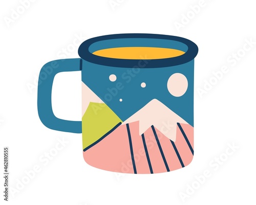 Modern ceramic tea mug in doodle style. Porcelain coffee cup with abstract mountains painting. Scandinavian drink crockery with handle. Flat vector illustration isolated on white background