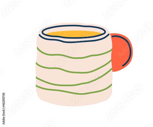Modern ceramic tea mug in doodle style. Porcelain coffee cup with striped pattern and handle. Trendy stylish drink crockery. Flat vector illustration of tableware item isolated on white background