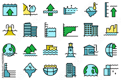 Sea level rise icons set outline vector. Water nature. Climate disaster