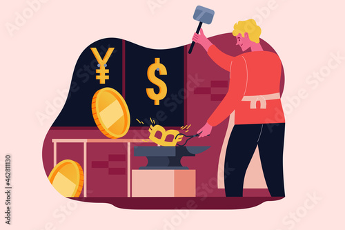 Blacksmith Forging Bitcoin Currency Symbol, Flat Vector Illustration 