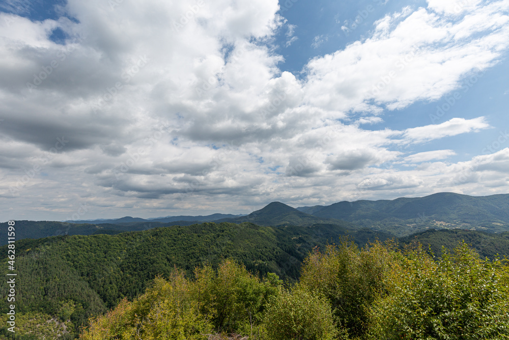 Obraz premium Mountain and forest with dramatic cloudy sky