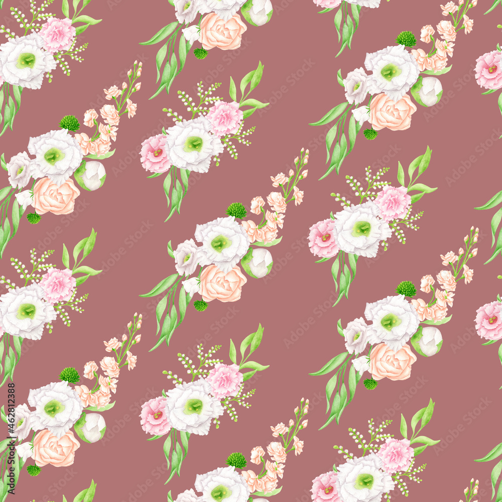 Watercolor floral seamless pattern. Beautiful bouquets on burgundy background. Blush and white flower arrangements, botanical repeated print for fabrics, textile, wallpaper, wrapping, scrapbook paper