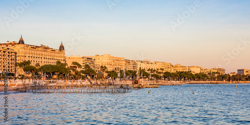 France, Cannes, Boulevard de la Croisette, beach and sea