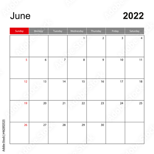 Wall calendar template for June 2022. Holiday and event planner, week starts on Sunday.