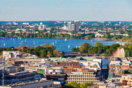 Germany, Hamburg, View of Neustadt with sailing boats on Binnenalster photo