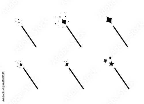 Vector Magic Wands, Minimal Icons Set, Black Pictogram Isolated on White Background, Magical Shining and Stars.