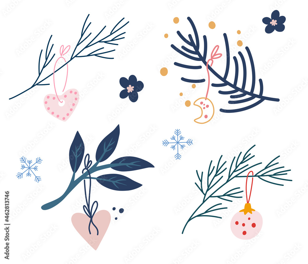 Christmas tree twig and gifts set. Christmas decoration in Scandinavian style. Design elements for winter holiday season new year event. Cartoon vector illustration.....