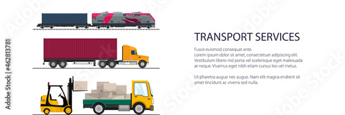 Banner of overland freight transport, truck and small cargo van with boxes and forklift truck, locomotive with cargo container , shipping and freight of goods, transportation services, vector