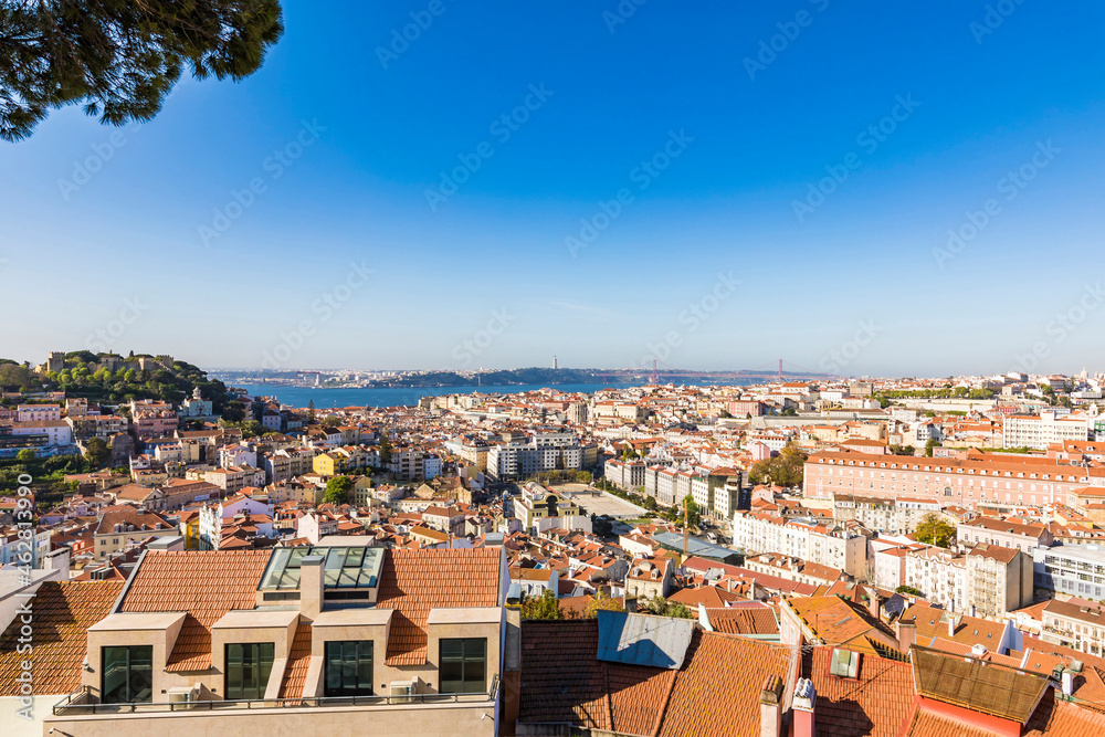 Cityscape against clear blue sky during sunny day in Lisbon, Portugal Cityscape against clear blue sky during sunny day in Lisbon, Portugal