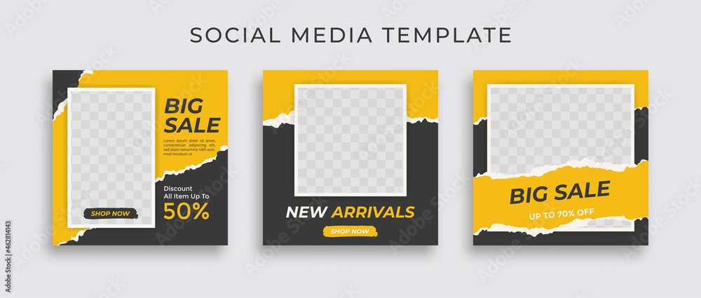 Editable set social media template post for promotion. template post for ads. design with yellow and black color. - obrazy, fototapety, plakaty 