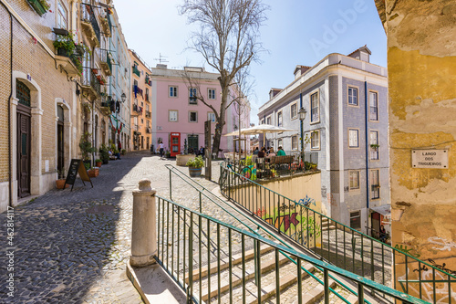 Portugal, Lisbon, Buildings and cafe on Largo dos Trigueiros square