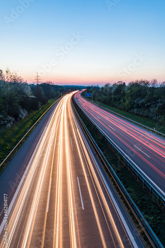 Germany, Baden-Wuerttemberg, traffic light trails on Autobahn A8 at dusk