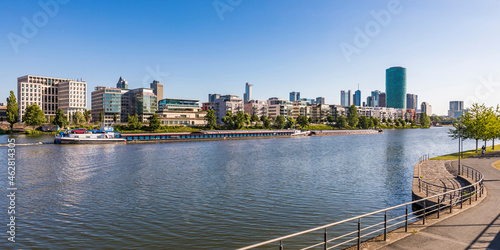 Barge in river against clear sky at Frankfurt, Germany