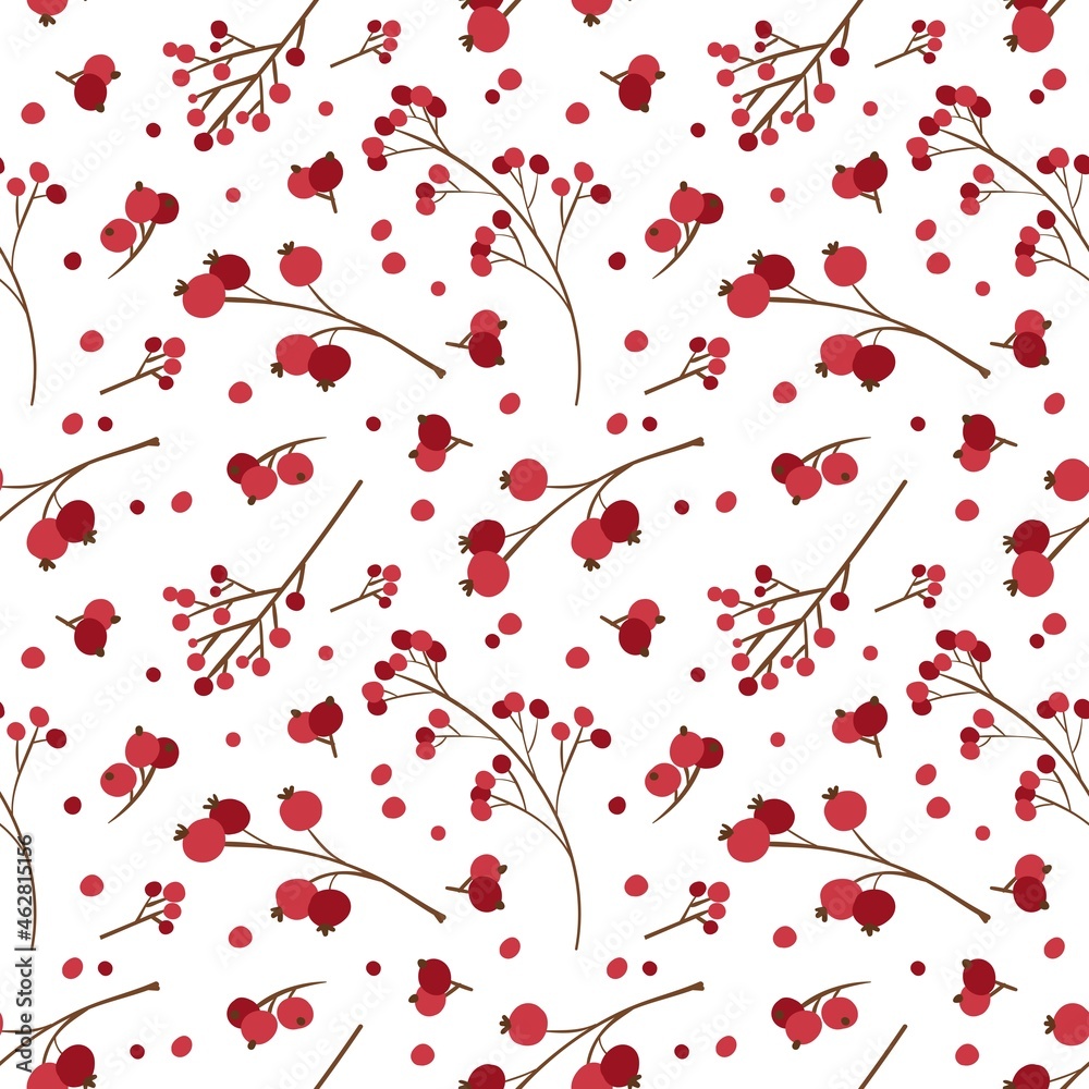 Christmas seamless pattern with winter berries. Traditional winter season botanic decor.  Red berries on white background