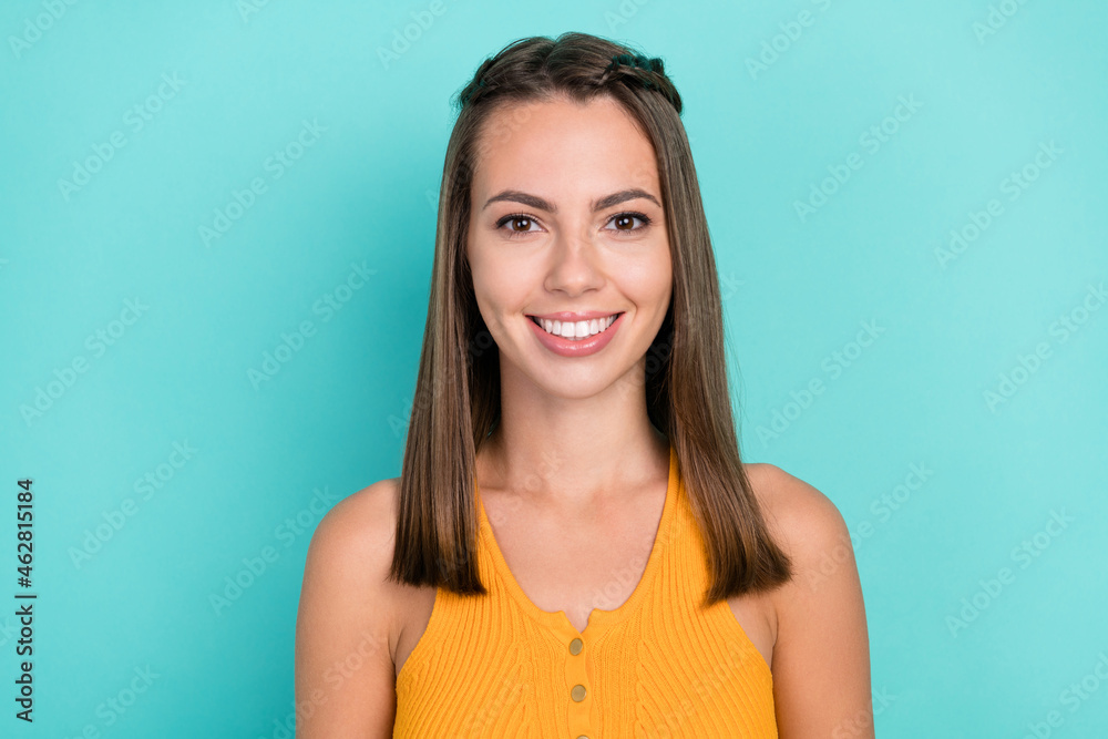 Fototapeta premium Photo of cheerful positive joyful woman enjoy good mood wear casual outfit isolated on teal color background