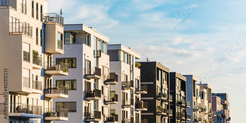Exterior of modern residential buildings against sky in Frankfurt, Germany